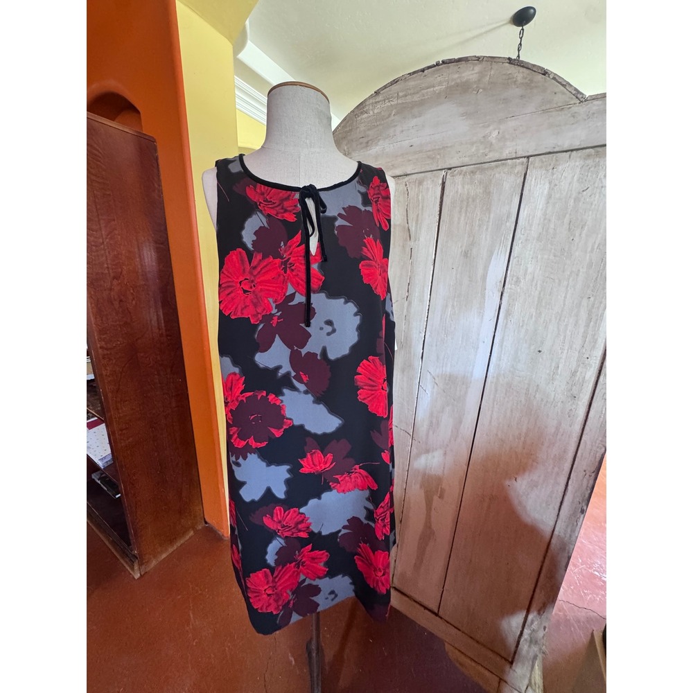 Kensie Womens XL Red Black Floral Sleeveless Keyhole Tie Shift Dress Mini